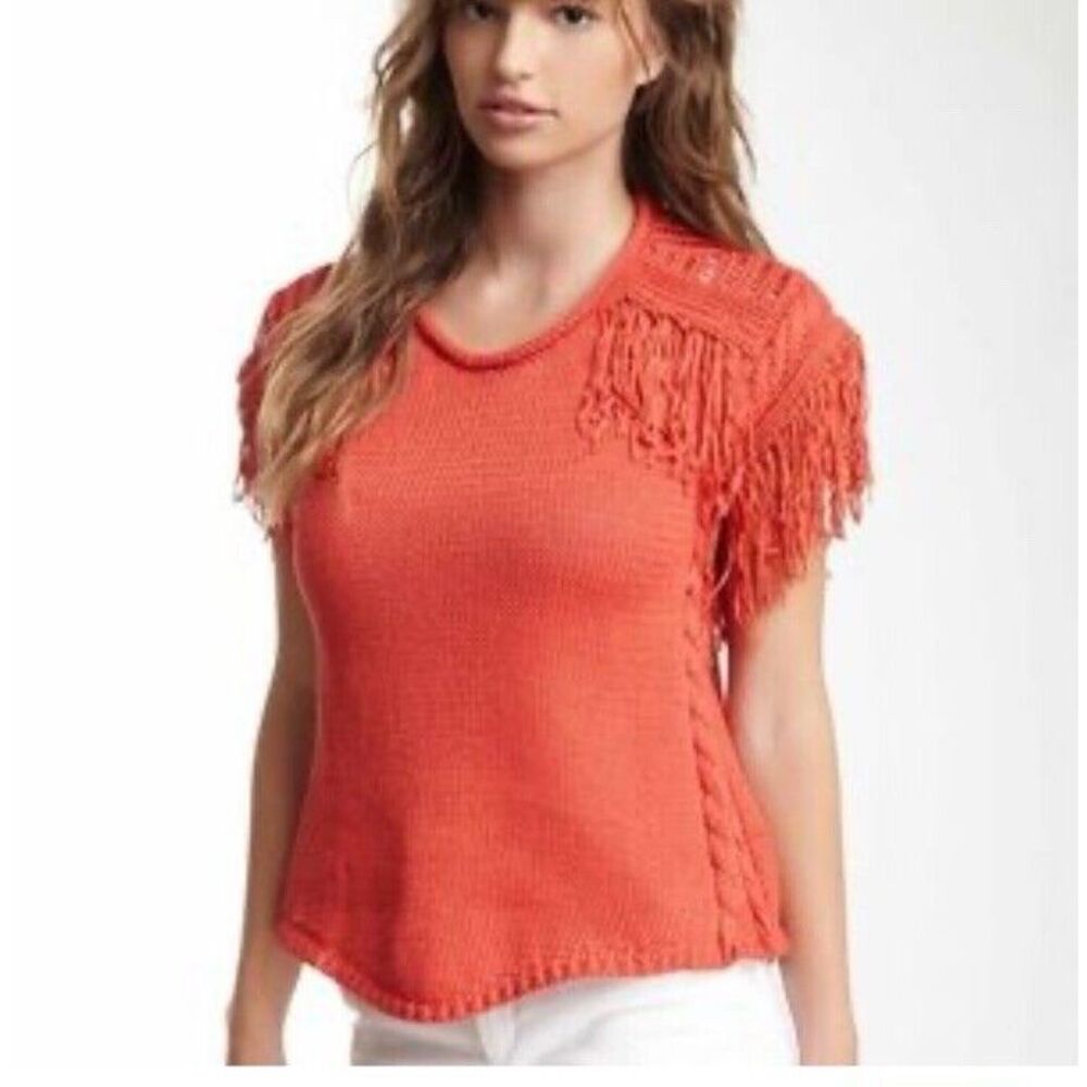 Aryn K Top Women Small Knit Short Sleeve Sweater Fringe‎ Braided Sides Bohemian